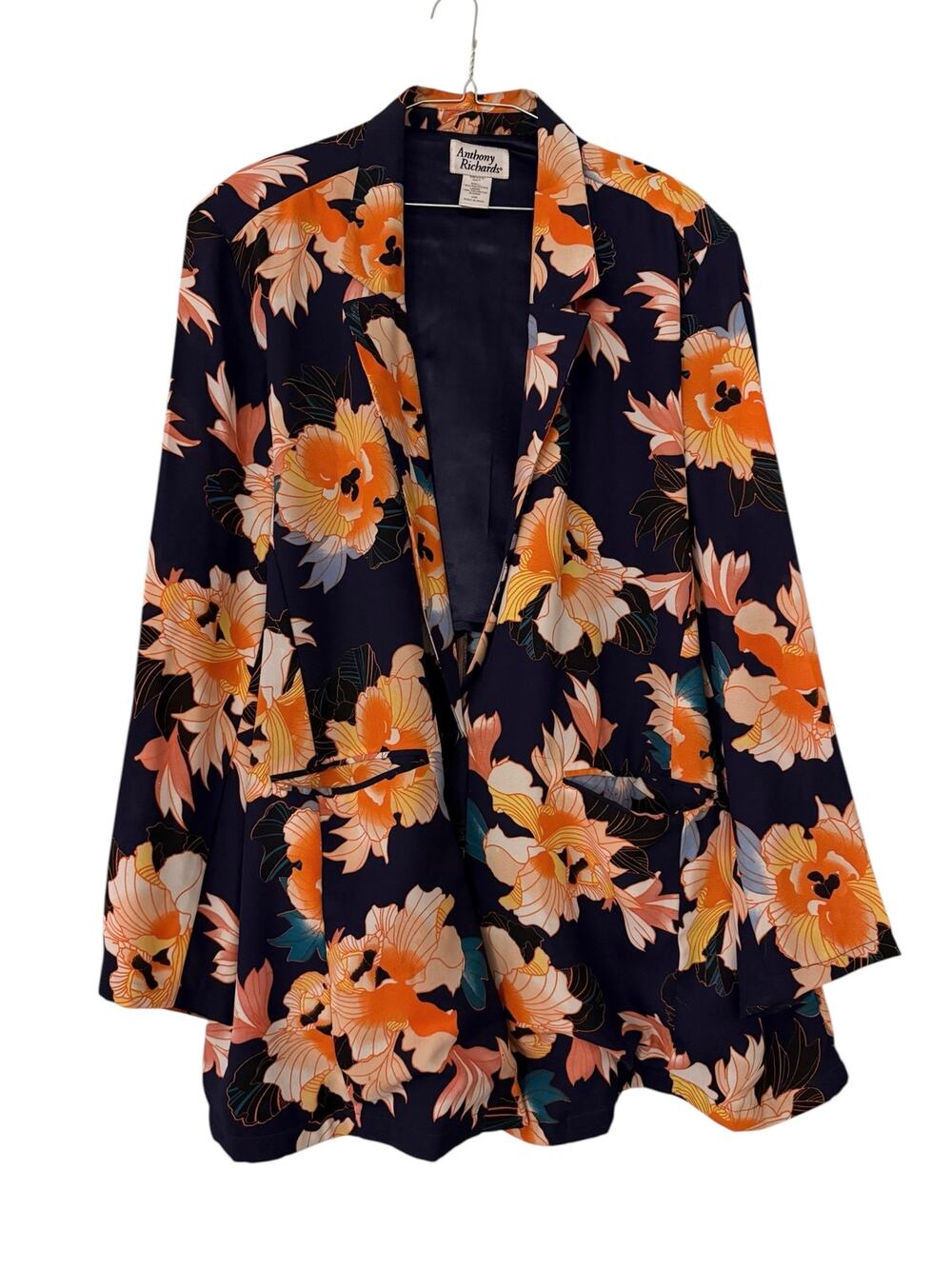 Anthony Richards 24W Navy Floral Open Front Lightweight Blazer Jacket Plus